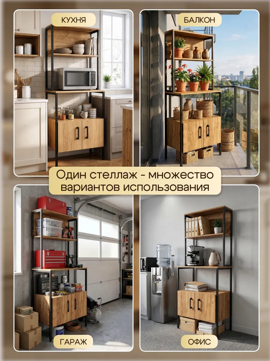 Стеллаж на кухню с дверцами и полками лофт металлический — фото 6